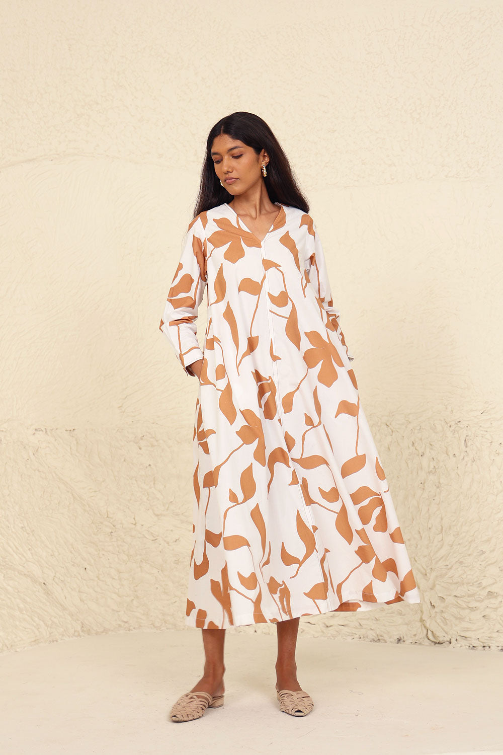 Beige Full Sleeves Cotton Midi Dress at Kamakhyaa by Kanelle. This item is Beige, Cotton Poplin, Evening Wear, Leafy Pattern, Made from Natural Materials, Midi Dresses, One by One by Kanelle, Relaxed Fit
