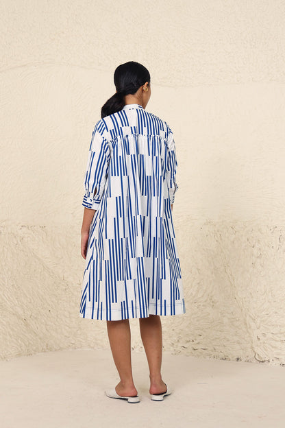 Blue Striped Midi Dress at Kamakhyaa by Kanelle. This item is Blue, Cotton Poplin, Evening Wear, Made from Natural Materials, Midi Dresses, One by One by Kanelle, Regular Fit, Stripes