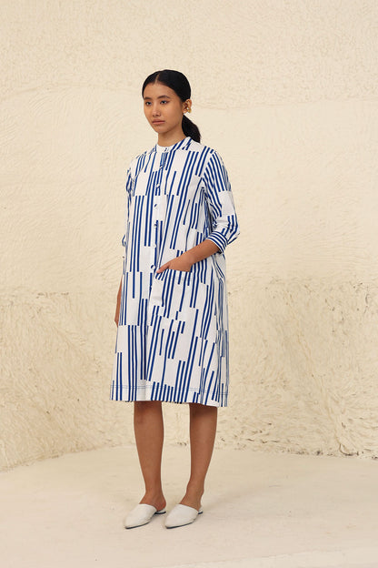 Blue Striped Midi Dress at Kamakhyaa by Kanelle. This item is Blue, Cotton Poplin, Evening Wear, Made from Natural Materials, Midi Dresses, One by One by Kanelle, Regular Fit, Stripes