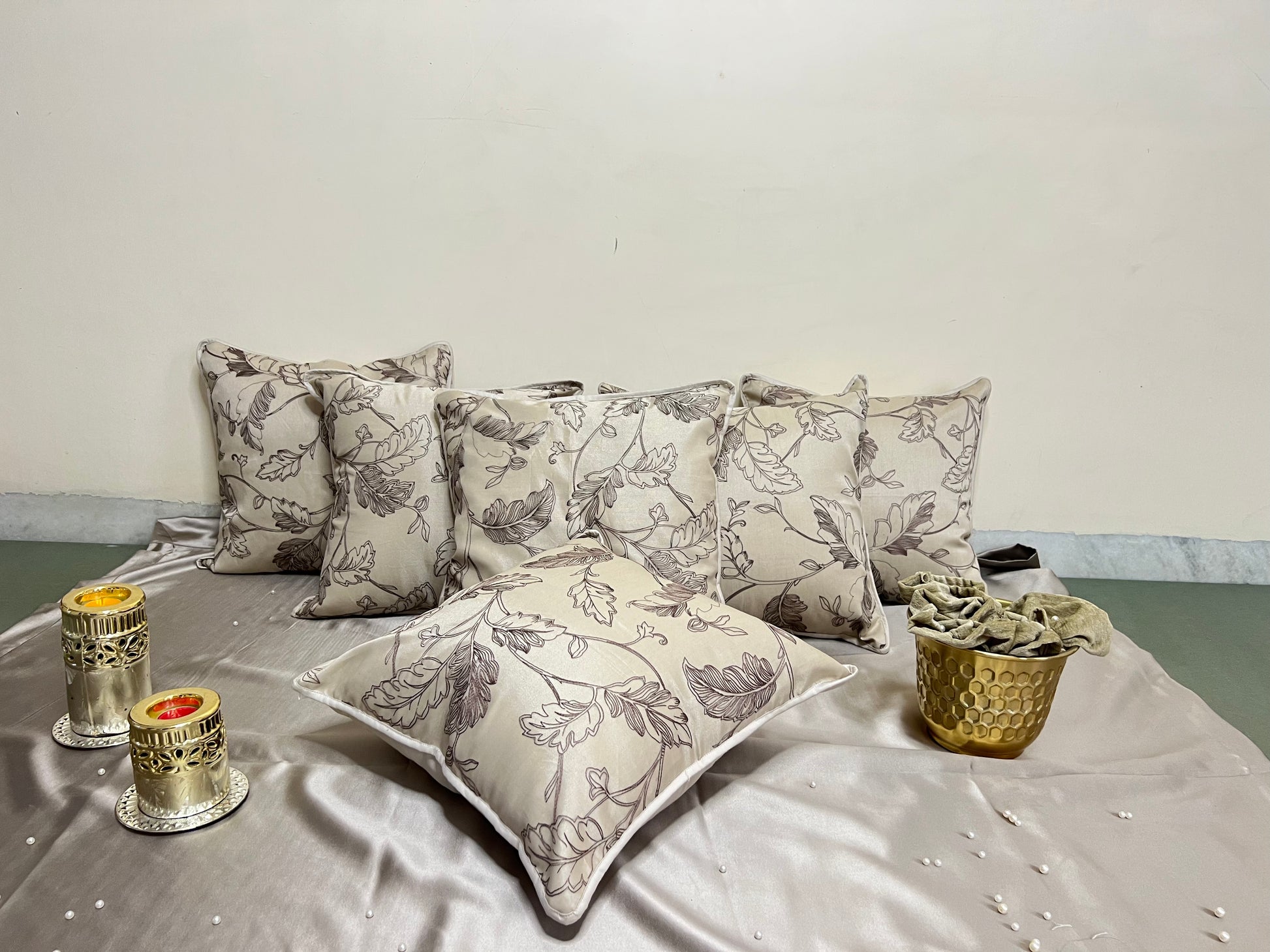 Enchanted Leaf Cushion Cover Sets at Kamakhyaa by Aetherea. This item is Beige, Cotton, Cushion covers, Embroidered, Home, Sheer, Upcycled