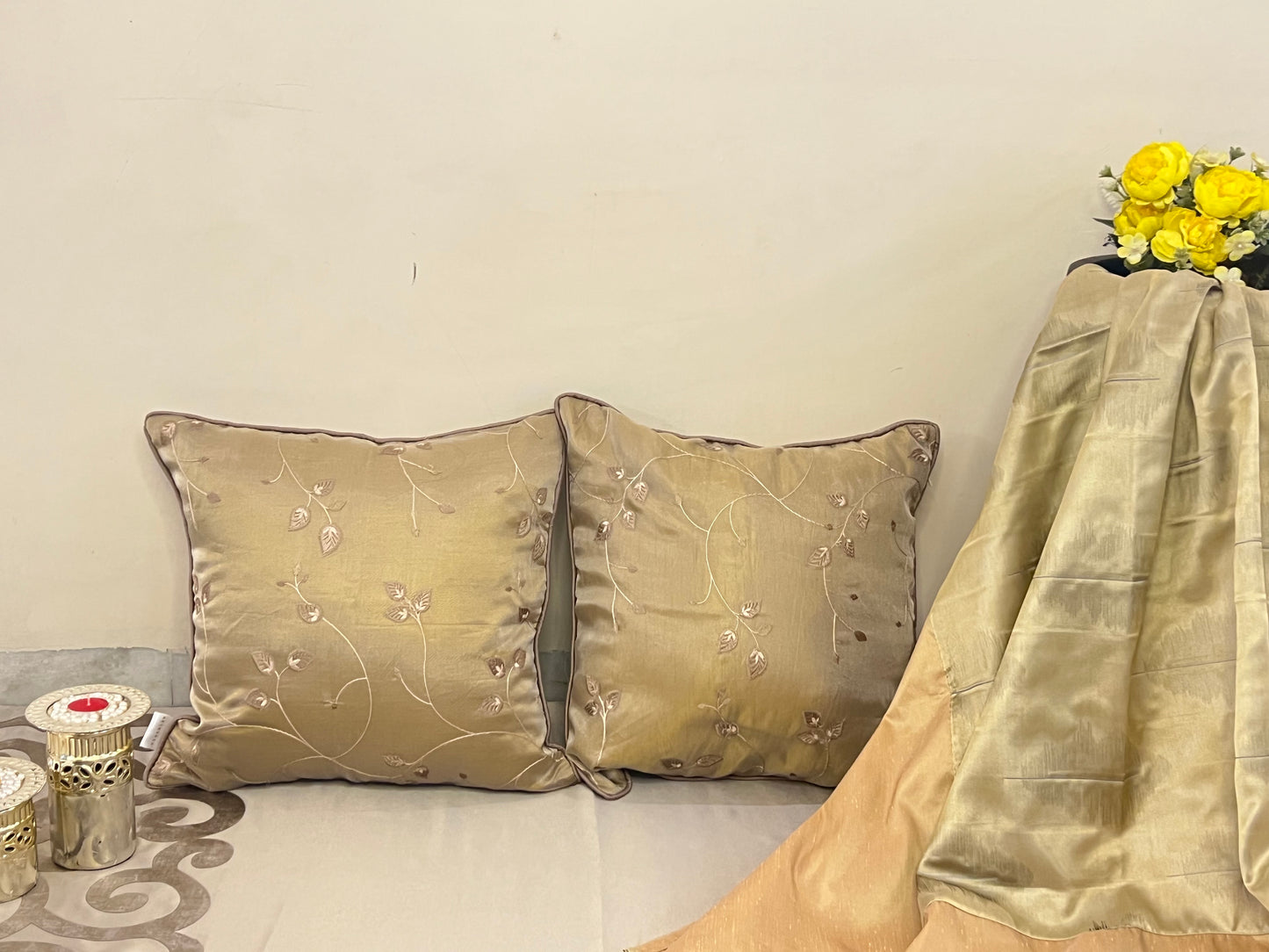 Foliage Cushion Cover Sets at Kamakhyaa by Aetherea. This item is Cushion covers, Home, Leaf, Metallic, Satin, Sheer, Upcycled
