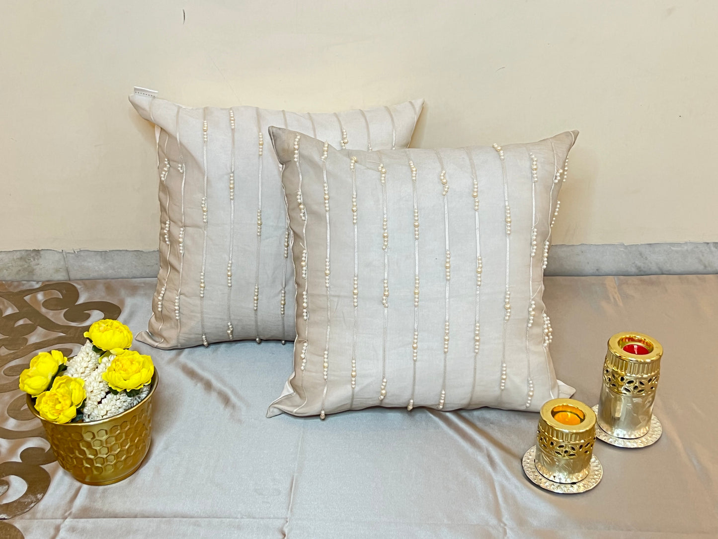 Gleam Cushion Cover Sets at Kamakhyaa by Aetherea. This item is 100% Cotton, Cushion covers, Hand Embroidered, Home, ivory, Pearl, Sheer, Upcycled