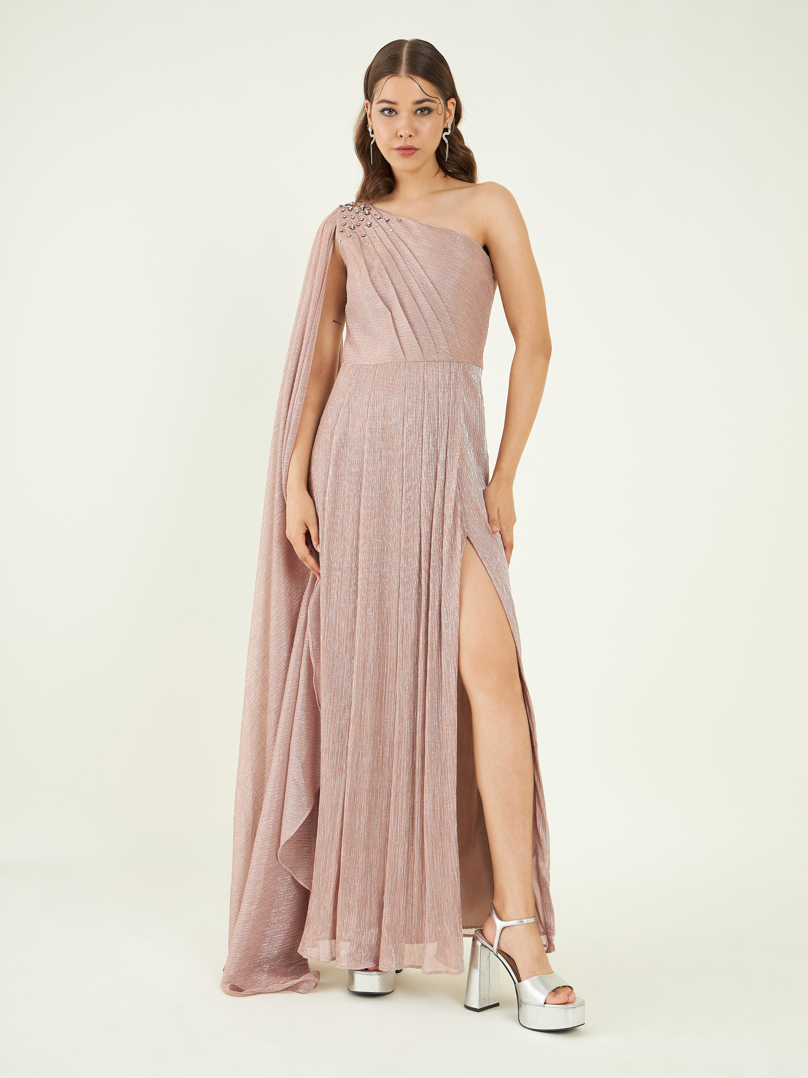 Nude One Shoulder Slit Dress | Swarovski Embroidery | Pleated Crepe Kamakhyaa Nude One Shoulder Slit Dress | Swarovski Embroidery | Pleated Crepe Kamakhyaa