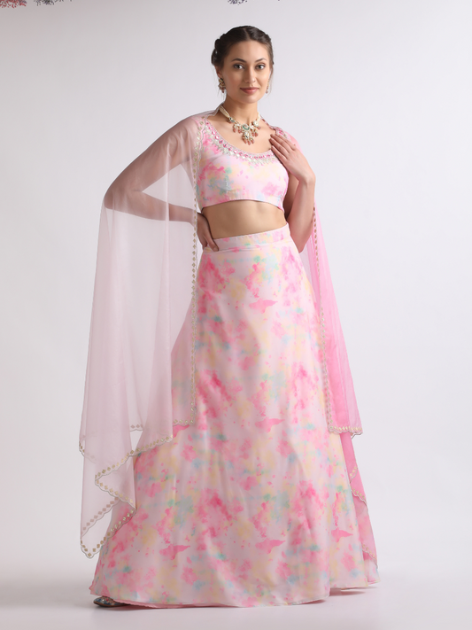 Pink Organza Embroidered Lehenga Set at Kamakhyaa by RoohbyRidhimaa. This item is Embroidered, Festive Wear, Free Size, Lehenga Sets, Organza, Pink, Toxin free, Zari Embroidered