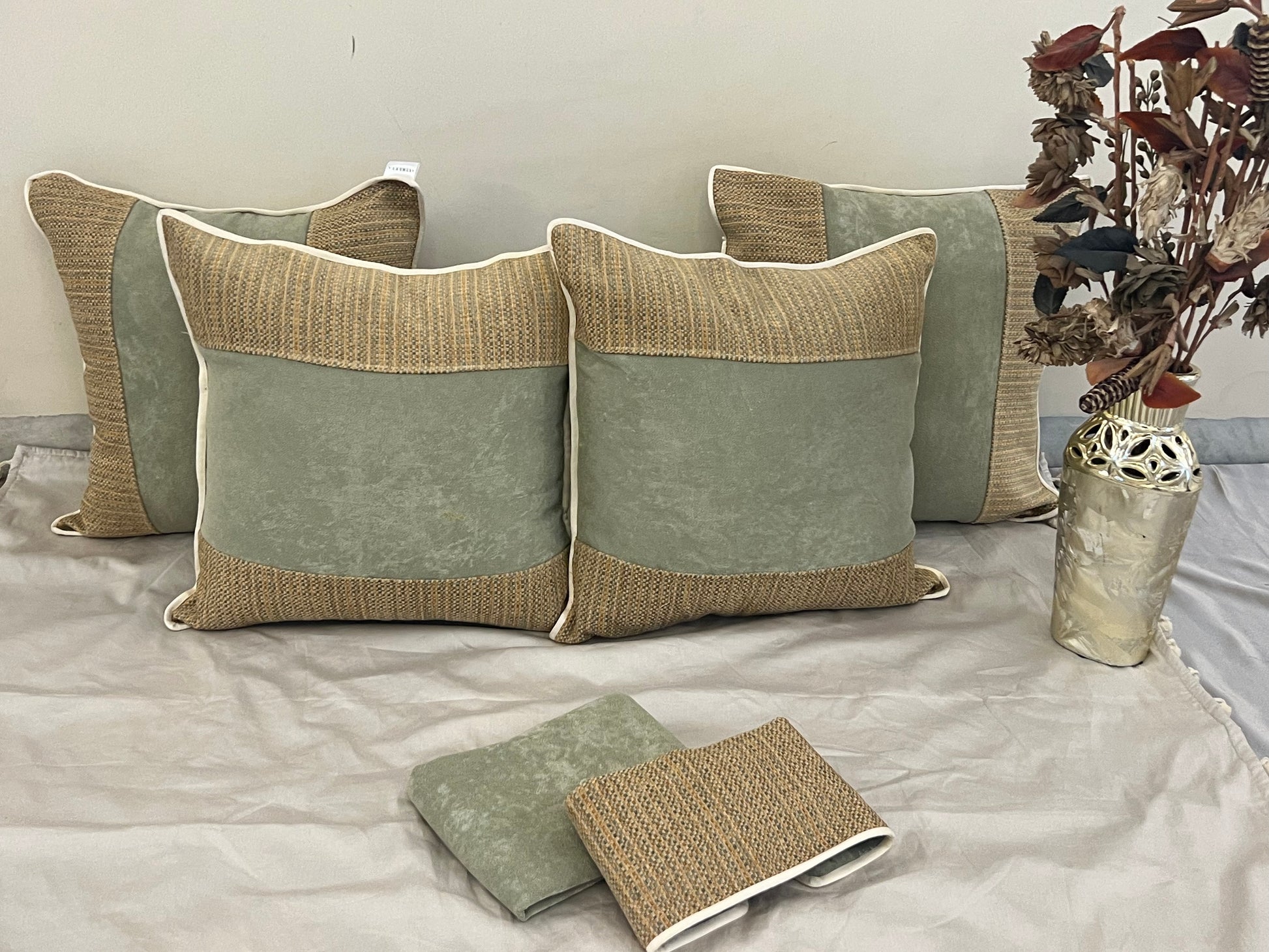 Sand Lane Cushion Cover Sets at Kamakhyaa by Aetherea. This item is Beige, Cotton, Cushion covers, Half & Half, Home, Mint, Texture, Upcycled