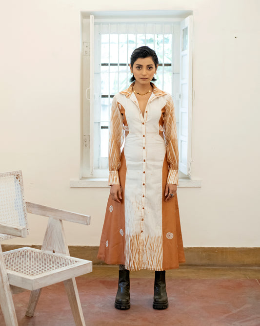 Sepia Paradise at Kamakhyaa by The Loom Art. This item is Casual Wear, Embroidered, Handwoven Chanderi Silk, July Sale, July Sale 2023, Lucid Dreams, Luicid Dream, Organic, Shirt Dresses, Womenswear, Yellow