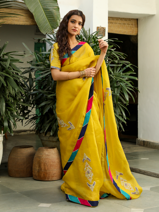 Yellow Viscose Silk Saree Set with Resham Embroidery at Kamakhyaa by RoohbyRidhimaa. This item is Embroidered, Festive Wear, Free Size, Resham Embroidered, Saree Sets, Silk Organza, Toxin free, Viscose Raw Silk, Yellow