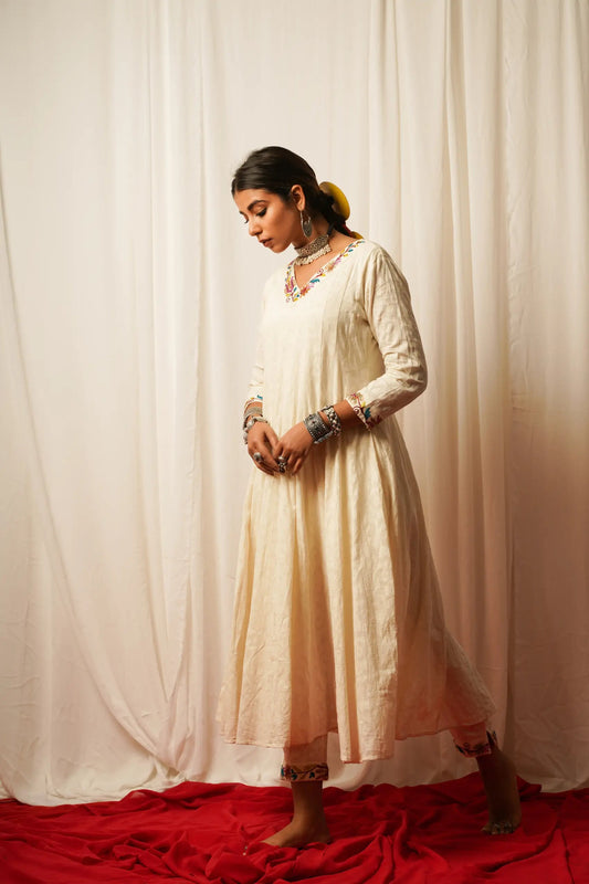 Anarkali Kurta And Pants-Set Of Two at Kamakhyaa by Keva. This item is Best Selling, Cotton Lurex, Embroidered, For Mother, Indian Wear, Kurta Pant Sets, Natural, Relaxed Fit, Resort Wear, Tatriz, White, Womenswear