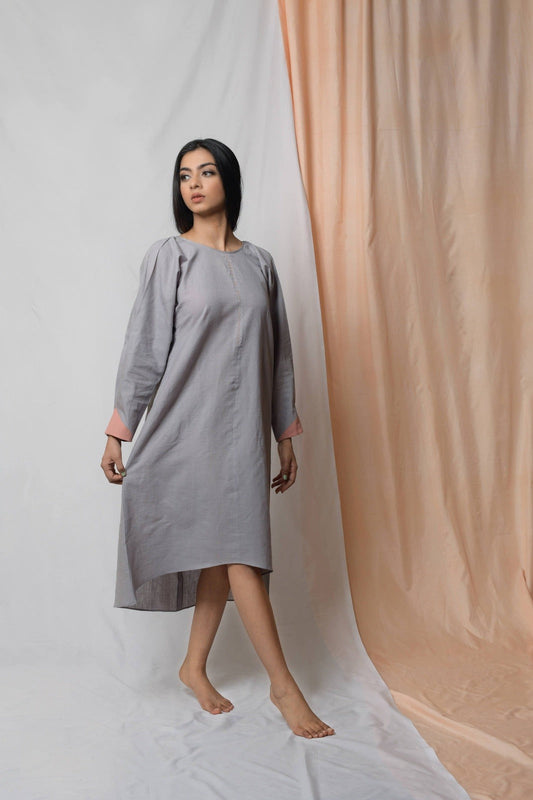 Anchor Grey Midi Dress at Kamakhyaa by Niraa. This item is Casual Wear, Cotton khadi, Fitted At Bust, Grey, Midi Dresses, Natural with azo dyes, Solids, Tales of rippling brooks, Womenswear