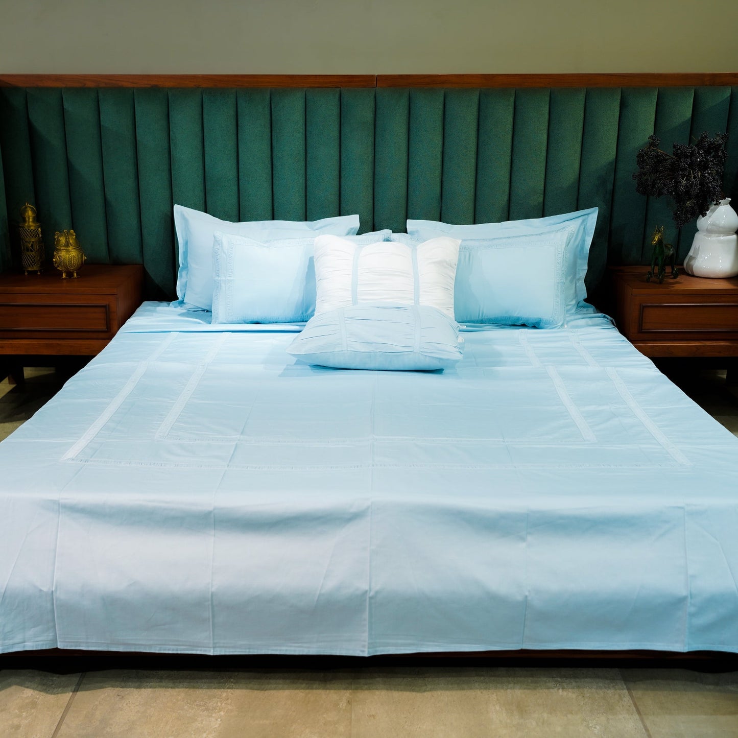 Azure Whisper Opulent Edge Bedsheet Set with Pillow Covers at Kamakhyaa by Aetherea. This item is Designer Bedsheets, Home