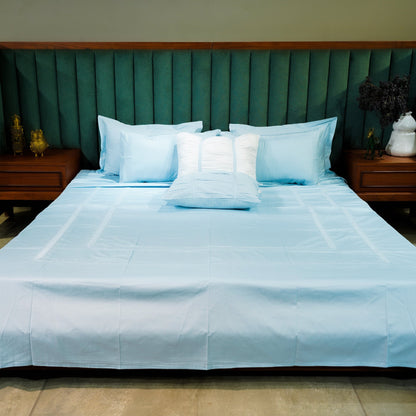 Azure Whisper Opulent Edge Bedsheet Set with Pillow Covers at Kamakhyaa by Aetherea. This item is Designer Bedsheets, Home