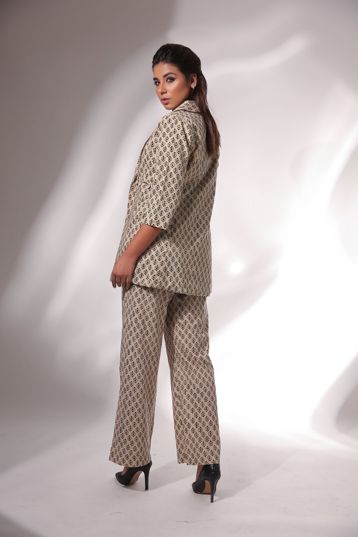 Beige Block Print Blazer And Pant Set at Kamakhyaa by Keva. This item is Beige, Black, Block Prints, Co-ord Sets, Cotton, Natural, Office, Office Wear Co-ords, Printed Selfsame, Relaxed Fit, Resort Wear, Womenswear, Zima