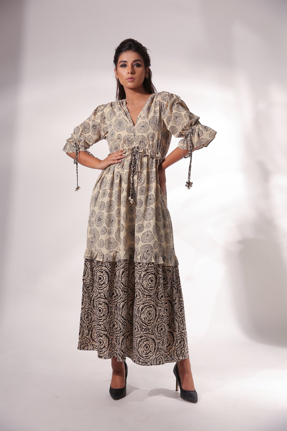 Beige Block Printed Maxi Dress