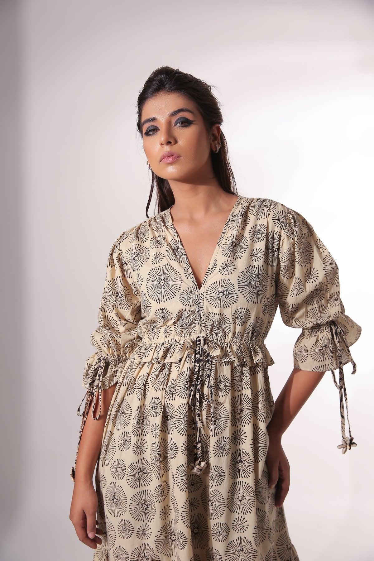 Beige Block Printed Maxi Dress at Kamakhyaa by Keva. This item is Beige, Black, Block Prints, Cotton, For Anniversary, For Daughter, Kurtas, Maxi Dresses, Natural, Relaxed Fit, Resort Wear, Tiered Dresses, Womenswear, Zima