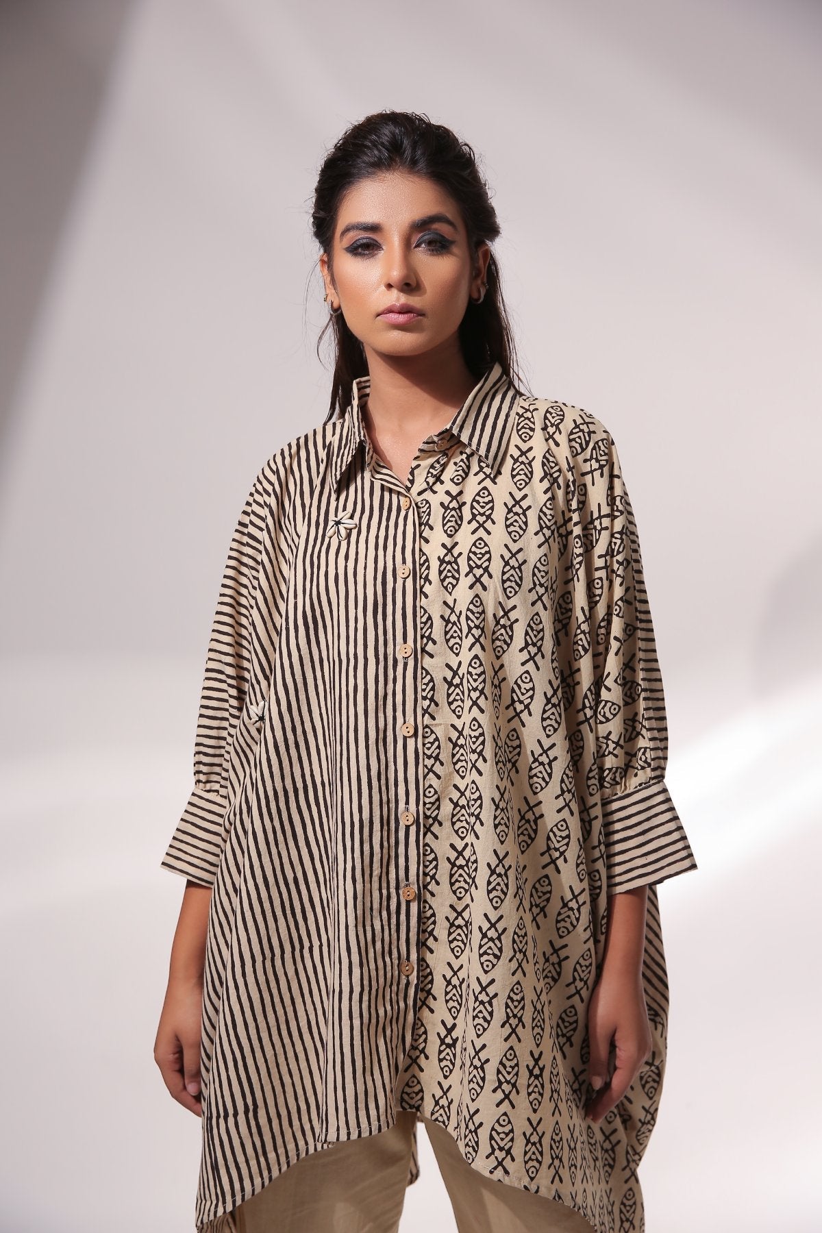 Beige Kaftan Shirt With Wide Leg Pant at Kamakhyaa by Keva. This item is Beige, Black, Block Prints, Co-ord Sets, Cotton, For Mother, For Mother W, Natural, Office Wear Co-ords, Relaxed Fit, Resort Wear, Travel, Travel Co-ords, Womenswear, Zima