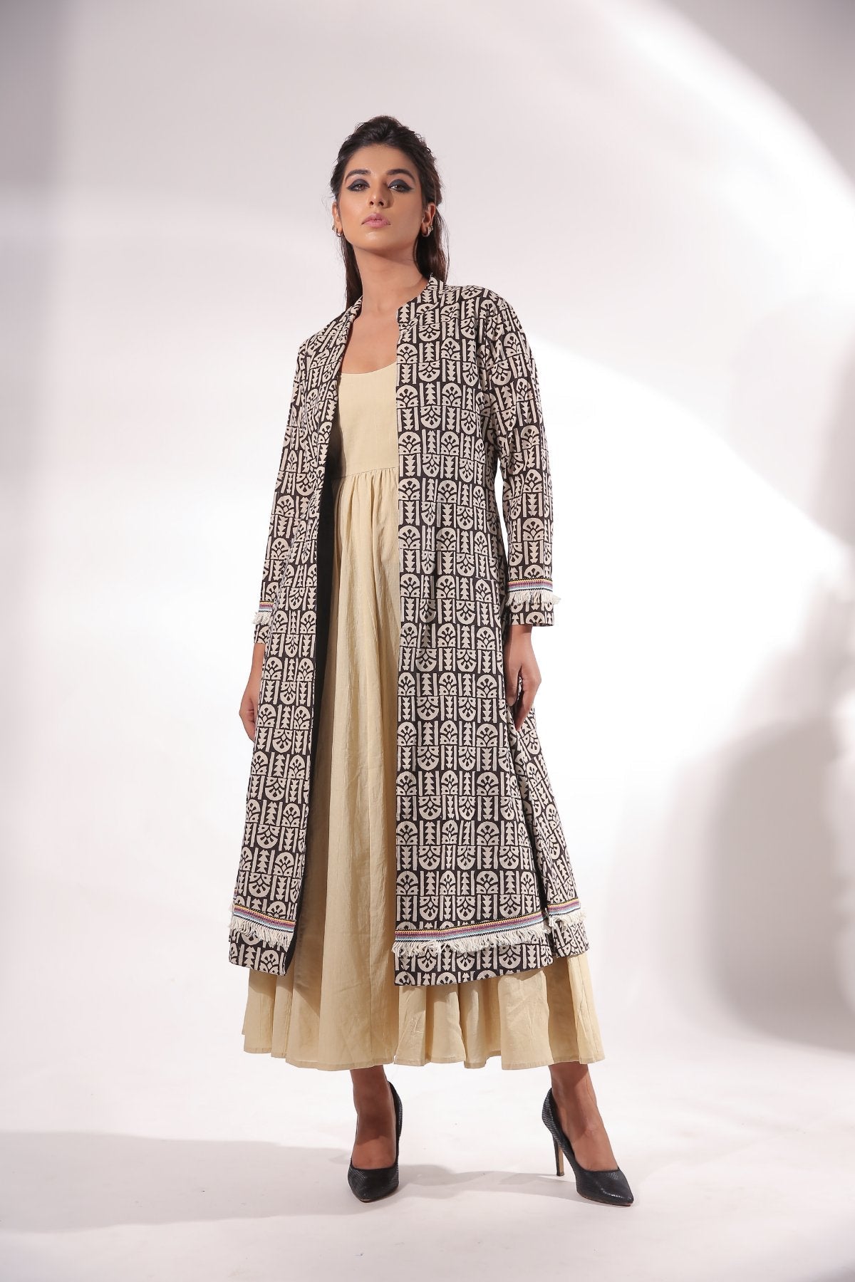 Beige Maxi Dress With Cape at Kamakhyaa by Keva. This item is Beige, Black, Block Prints, Cape, Co-ord Sets, Cotton, Dress Sets, For Daughter, For Mother, For Mother W, Maxi Dresses, Natural, Relaxed Fit, Resort Wear, Womenswear, Zima