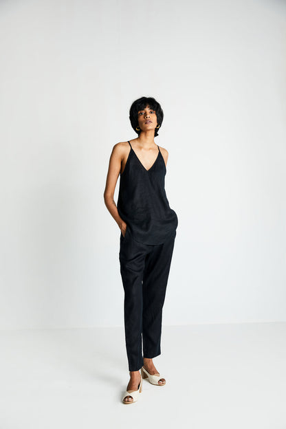 Black Endless Sunday Top at Kamakhyaa by Reistor. This item is Black, Hemp, Less than $50, Natural, Noir, Office Wear, Regular Fit, Solid Selfmade, Solids, Spaghettis, Tops, Womenswear