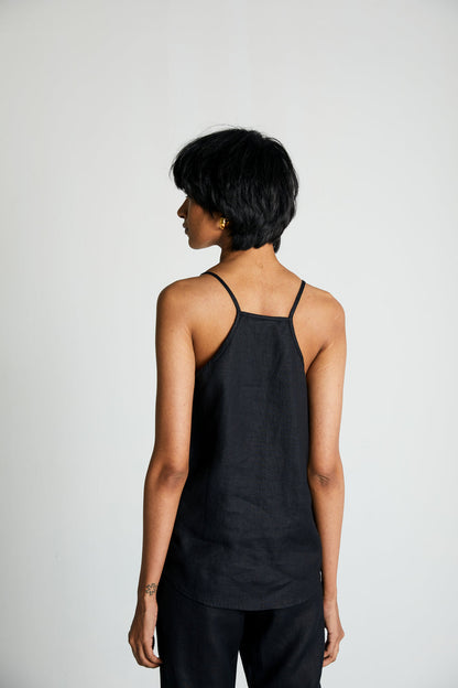 Black Endless Sunday Top at Kamakhyaa by Reistor. This item is Black, Hemp, Less than $50, Natural, Noir, Office Wear, Regular Fit, Solid Selfmade, Solids, Spaghettis, Tops, Womenswear