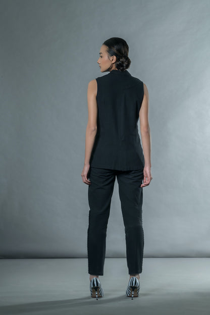 Black Sleeveless Blazer at Kamakhyaa by Anushé Pirani. This item is Black, Blazers, Handwoven Jute Cotton, July Sale, July Sale 2023, Natural, Office Wear, Relaxed Fit, sale anushe pirani, Solids, The Line Tales, Womenswear