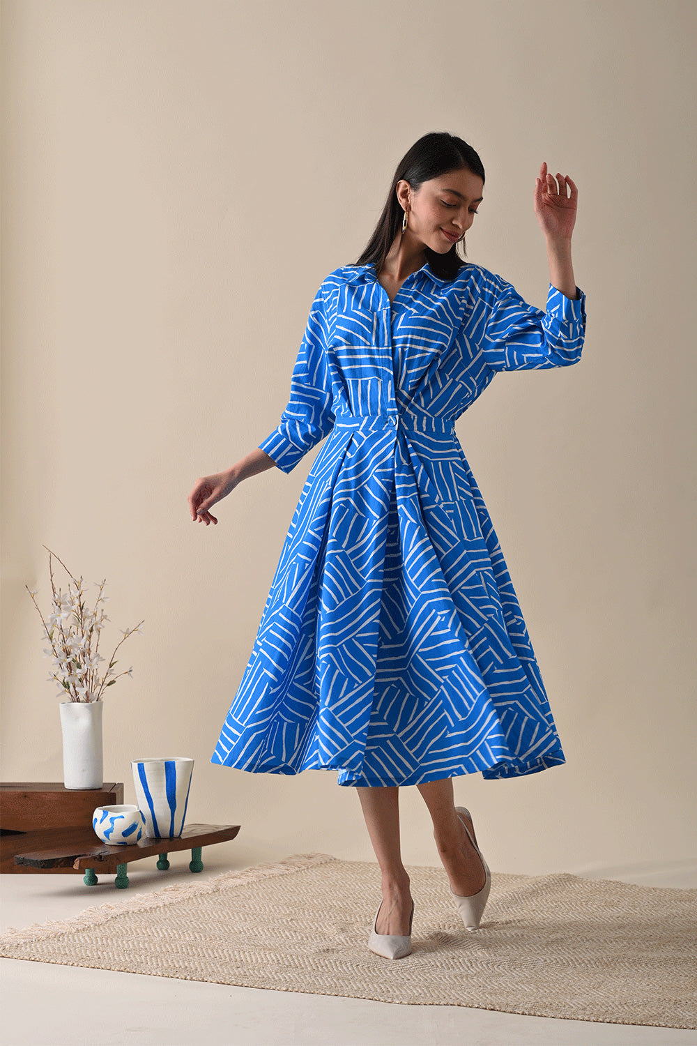 Blue Cotton Midi Dress at Kamakhyaa by Kanelle. This item is 100% Cotton, Best Selling, Blue, Casual Wear, Dresses, FB ADS JUNE, July Sale, Life in Colours, Midi Dresses, Natural with azo dyes, Prints, Relaxed Fit, Shirt Dresses, Womenswear