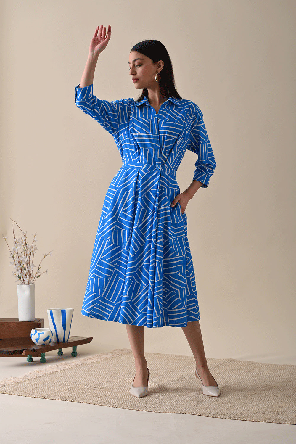 Blue Cotton Midi Dress at Kamakhyaa by Kanelle. This item is 100% Cotton, Best Selling, Blue, Casual Wear, Dresses, FB ADS JUNE, July Sale, Life in Colours, Midi Dresses, Natural with azo dyes, Prints, Relaxed Fit, Shirt Dresses, Womenswear