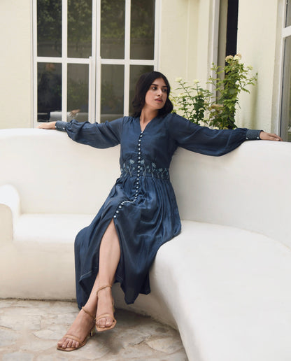 Blue Embroidered Silk Maxi Dress at Kamakhyaa by Taro. This item is Best Selling, Blue, Dusk To Dawn, Embroidered, Evening Wear, FB ADS JUNE, July Sale, July Sale 2023, Maxi Dresses, Modal silk, Natural, Regular Fit, Shirt Dresses, Silk, Womenswear