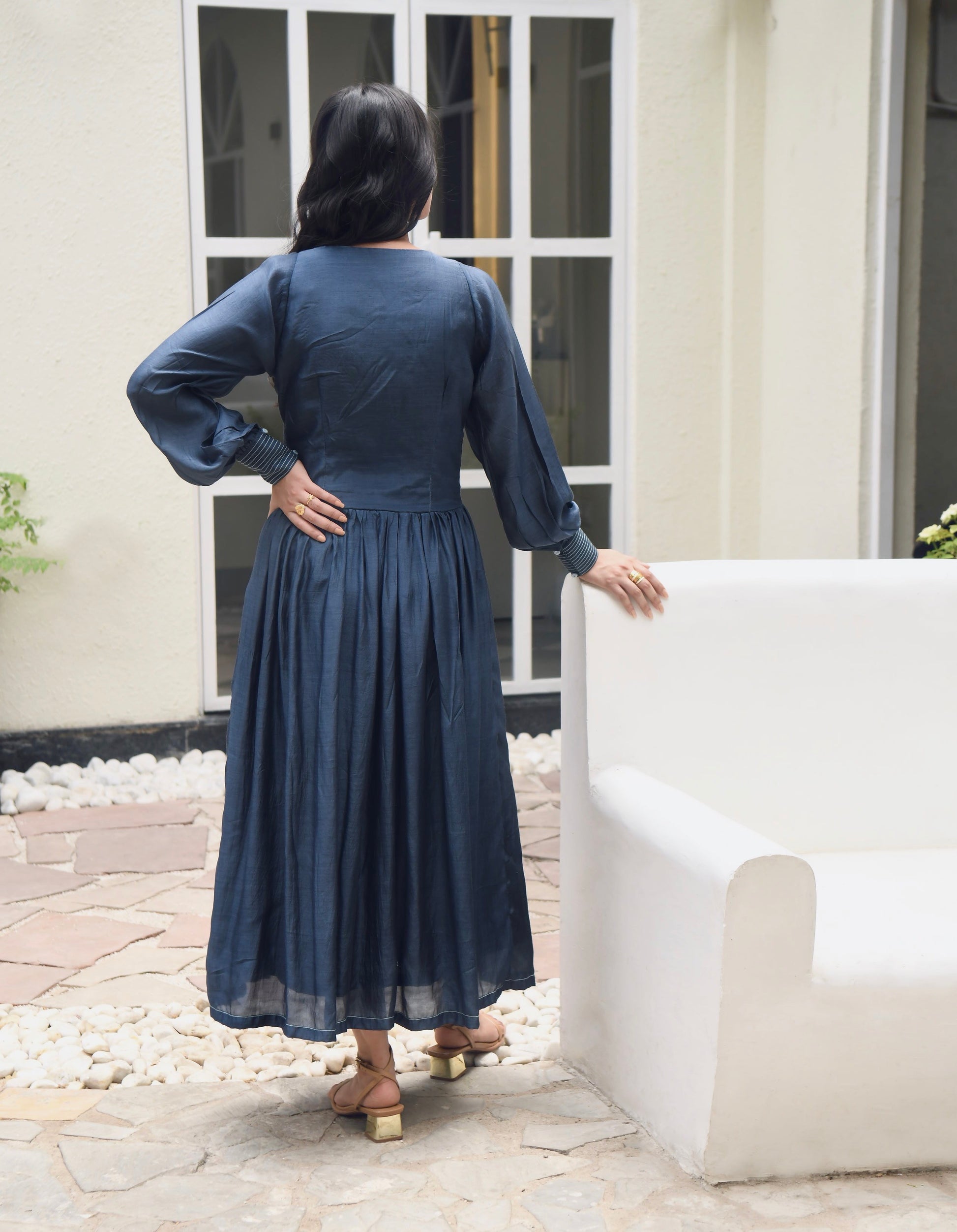 Blue Embroidered Silk Maxi Dress at Kamakhyaa by Taro. This item is Best Selling, Blue, Dusk To Dawn, Embroidered, Evening Wear, FB ADS JUNE, July Sale, July Sale 2023, Maxi Dresses, Modal silk, Natural, Regular Fit, Shirt Dresses, Silk, Womenswear