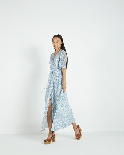 Blue Floral Wrap Dress at Kamakhyaa by Reistor. This item is Bemberg, Blue, Casual Wear, FB ADS JUNE, For Daughter, Natural, Printed Selfsame, Prints, Regular Fit, Womenswear, Wrap Dresses