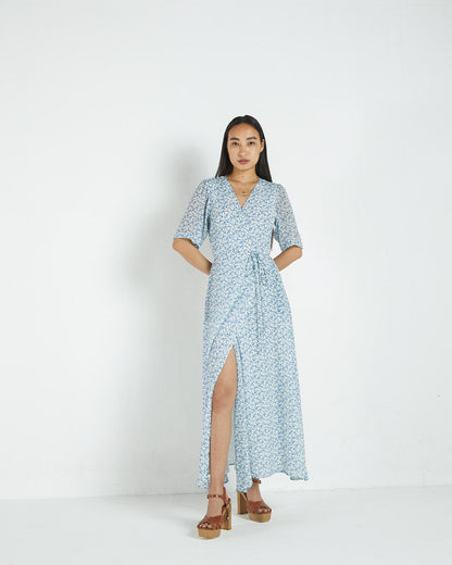 Blue Floral Wrap Dress at Kamakhyaa by Reistor. This item is Bemberg, Blue, Casual Wear, FB ADS JUNE, For Daughter, Natural, Printed Selfsame, Prints, Regular Fit, Womenswear, Wrap Dresses