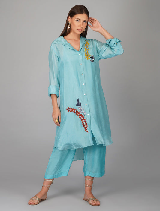 Blue Hand Embroidered Applique Co-ord Set at Kamakhyaa by Devyani Mehrotra. This item is Blue, Evening Wear, Natural, Office Wear Co-ords, Pre Spring 2023, Relaxed Fit, Solids, Viscose, Womenswear