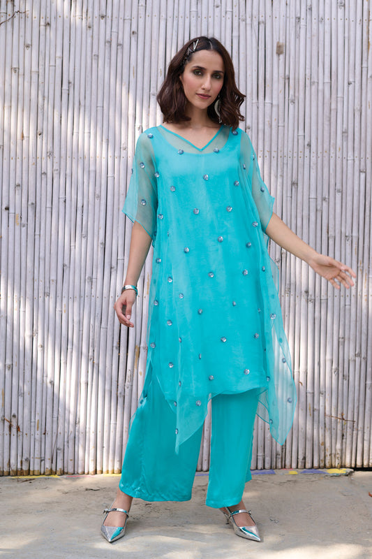Blue Kaftan Set at Kamakhyaa by Kanelle. This item is Dress Sets, Festive Wear, Hand Embroidered, Natural, Organza, Partywear Co-ords, Rang, Regular Fit, Sky Blue, Sleeveless, Solid, Viscose satin, Womenswear