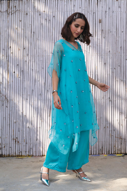 Blue Kaftan Set at Kamakhyaa by Kanelle. This item is Dress Sets, Festive Wear, Hand Embroidered, Natural, Organza, Partywear Co-ords, Rang, Regular Fit, Sky Blue, Sleeveless, Solid, Viscose satin, Womenswear