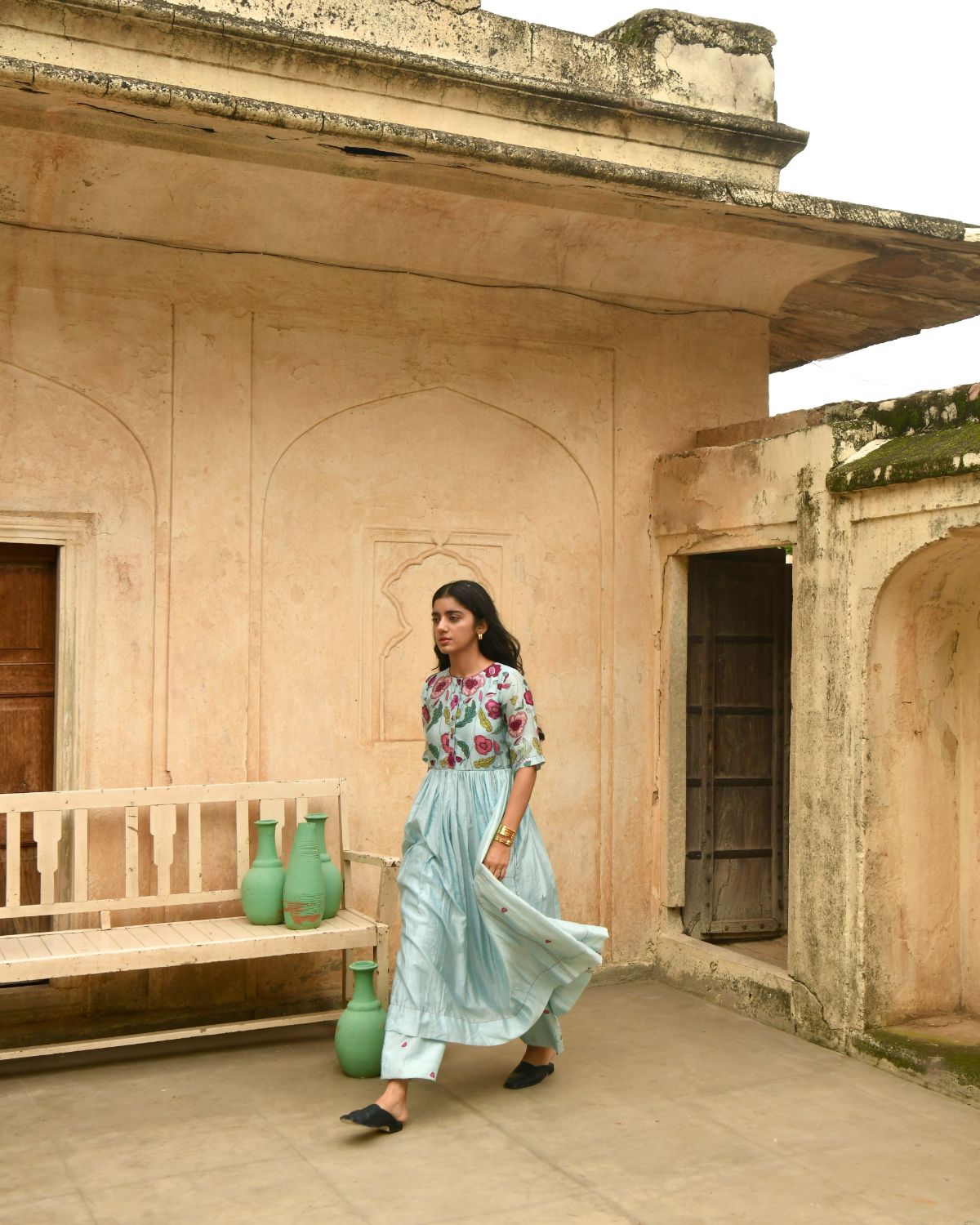 Blue Kurta Pant Set at Kamakhyaa by Taro. This item is Beads work, Blue, Casual Wear, Chanderi Silk, Digital Print, Embroidered, Enchanted Garden, Evening Wear, Festive Wear, Handcrafted buttons, Indian Wear, July Sale, July Sale 2023, Kurta Pant Sets, Natural, Natural with azo free dyes, Relaxed Fit, Womenswear