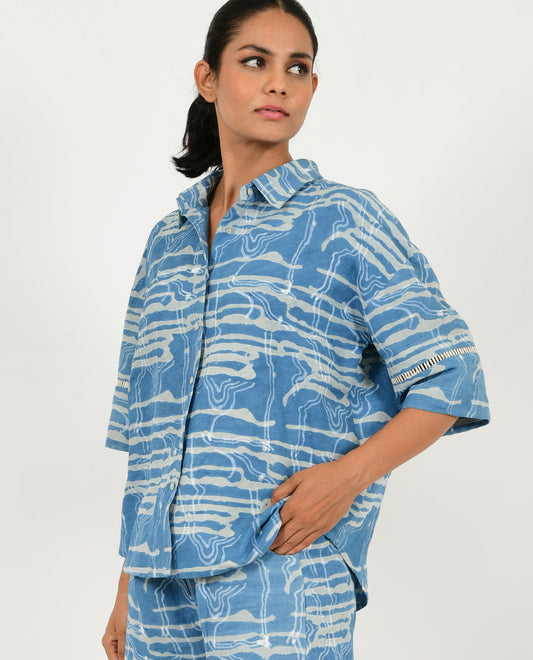 Blue Linen Shirt at Kamakhyaa by Rias Jaipur. This item is Blue, Casual Wear, Linen Blend, Natural, Prints, Relaxed Fit, Scribble Prints, Shirts, Womenswear, Yaadein