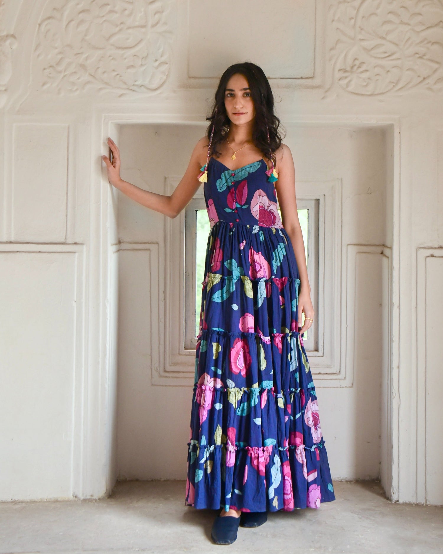 Blue Mulmul Maxi Dress at Kamakhyaa by Taro. This item is Azo Free Dyes, Blue, Fitted At Bust, For Daughter, Garden Of Dreams, July Sale, July Sale 2023, Maxi Dresses, Mulmul, Prints, Resort Wear, Sleeveless Dresses, Tiered Dresses, Womenswear