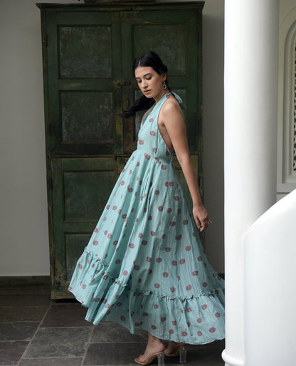 Blue Printed Maxi Dress at Kamakhyaa by Taro. This item is Blue, Evening Wear, For Daughter, Halter Neck Dresses, Handwoven cotton silk, July Sale, July Sale 2023, Maxi Dresses, Natural, Printed Selfsame, Prints, Regular Fit, Wildflower Taro, Womenswear