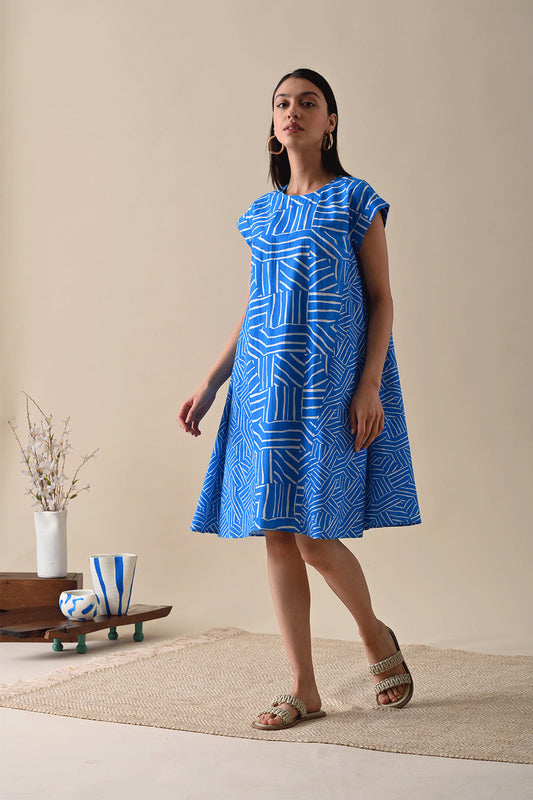 Blue Printed Mini Dress at Kamakhyaa by Kanelle. This item is 100% Cotton, Best Selling, Blue, Casual Wear, Dresses, FB ADS JUNE, July Sale, Life in Colours, Mini Dresses, Natural with azo dyes, Prints, Relaxed Fit, Womenswear