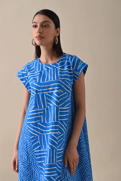 Blue Printed Mini Dress at Kamakhyaa by Kanelle. This item is 100% Cotton, Best Selling, Blue, Casual Wear, Dresses, FB ADS JUNE, July Sale, Life in Colours, Mini Dresses, Natural with azo dyes, Prints, Relaxed Fit, Womenswear