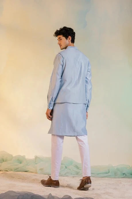 Blue Sequin Work Kurta Pant Set at Kamakhyaa by Charkhee. This item is Aasmaa, Blue, Chanderi, Cotton, Embellished, For Him, Kurta Pant Sets, Mens Co-ords, Menswear, Natural, Relaxed Fit, Sequin work, Wedding Gifts, Wedding Wear