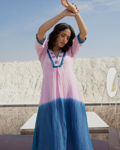 Blue Silk Midi Dress at Kamakhyaa by The Loom Art. This item is Aurora SS24, Best Selling, Blue, Casual Wear, Chanderi Silk, FB ADS JUNE, July Sale, July Sale 2023, Midi Dresses, Ombre & Dyes, Organic, Relaxed Fit, Womenswear