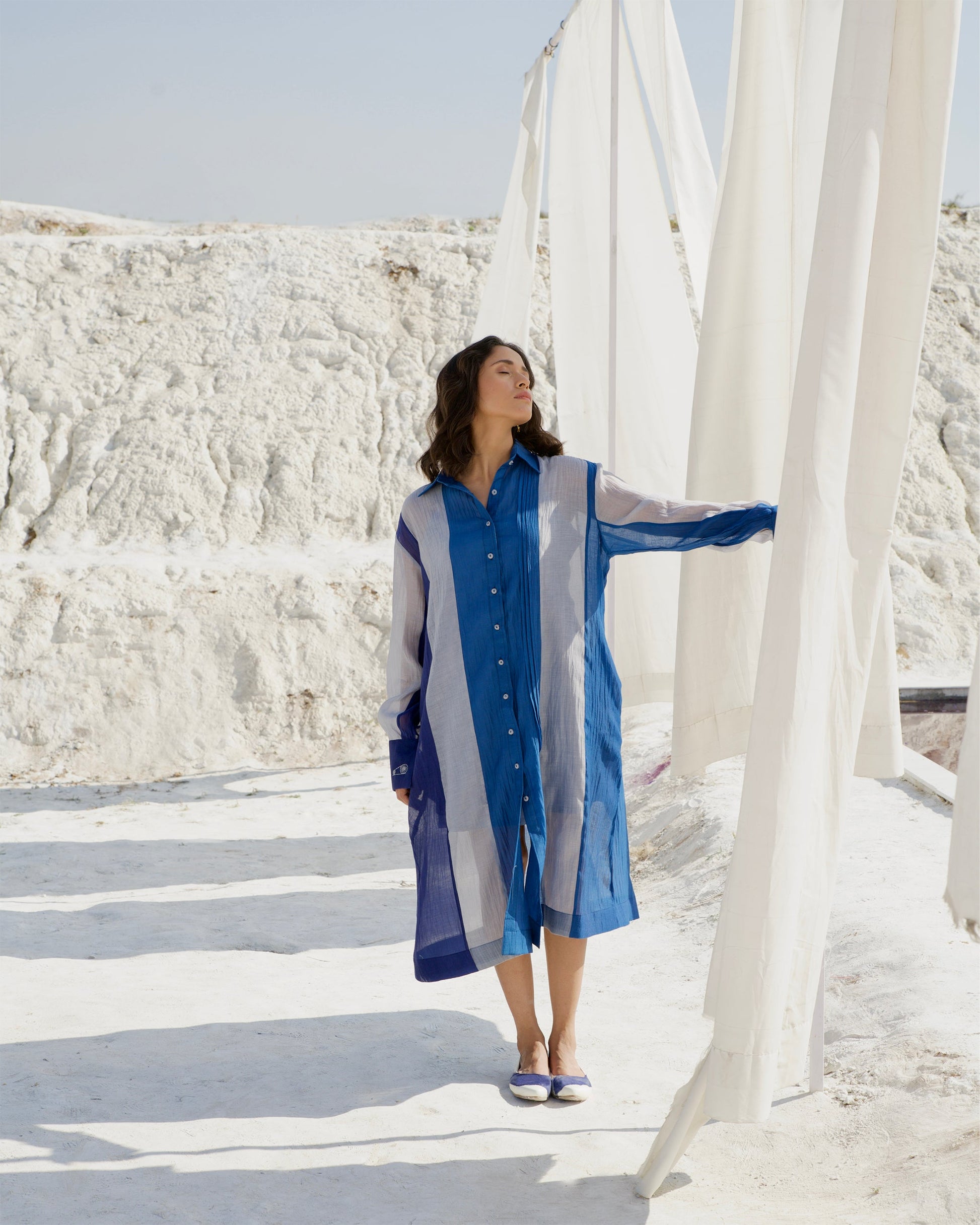 Blue Silk Shirt Dress at Kamakhyaa by The Loom Art. This item is Aurora SS24, Blue, Casual Wear, Chanderi Silk, July Sale, July Sale 2023, Loose Fit, Ombre & Dyes, Organic, Shirt Dresses, Womenswear