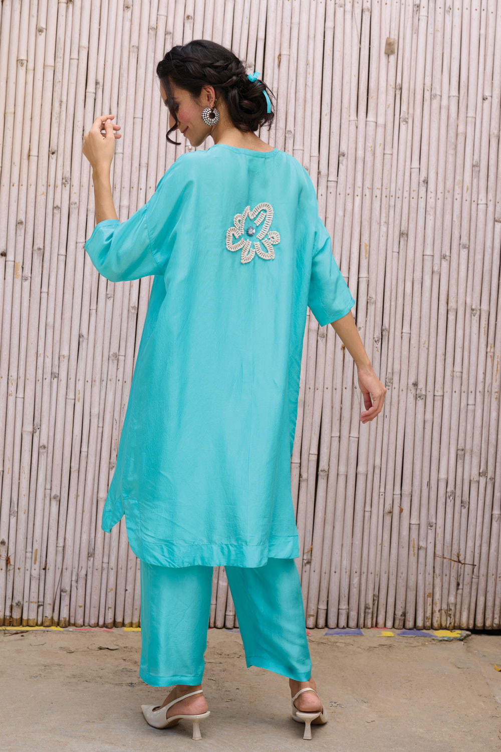Blue Solid Three Piece Set at Kamakhyaa by Kanelle. This item is Festive Wear, Hand Embroidered, Natural, Partywear Co-ord, Partywear Co-ords, Rang, Sky Blue, Solid, Viscose Silk, Womenswear