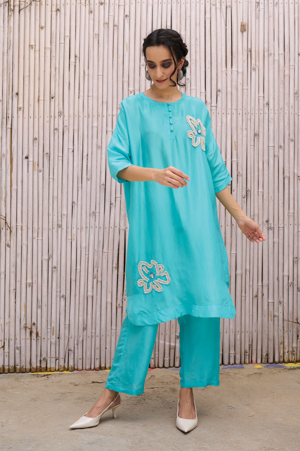 Blue Solid Three Piece Set at Kamakhyaa by Kanelle. This item is Festive Wear, Hand Embroidered, Natural, Partywear Co-ord, Partywear Co-ords, Rang, Sky Blue, Solid, Viscose Silk, Womenswear