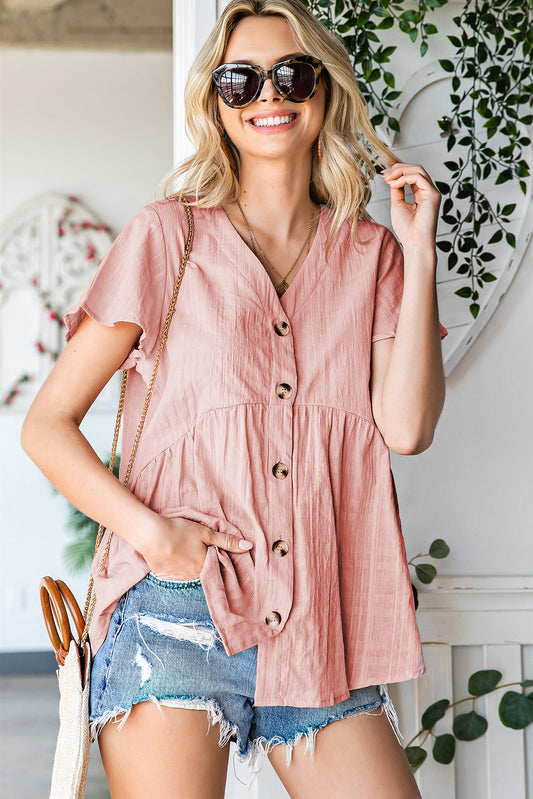 Button Down V-Neck Short Sleeve Shirt at Kamakhyaa by Trendsi. This item is 100% Cotton, Casual Wear, peach, Pink, Relaxed Fit, Ship From Overseas, Shirts, Trendsi, Womenswear