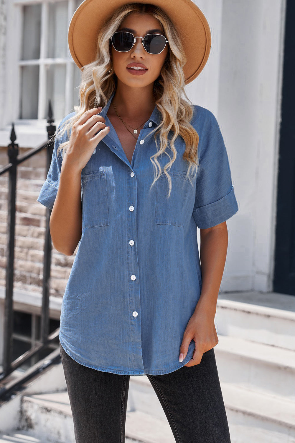 Button Front Collared Short Sleeve Shirt at Kamakhyaa by White Label. This item is 100% Cotton, Casual Wear, Regular Fit, Shirts, Solids, Trendsi, Womenswear