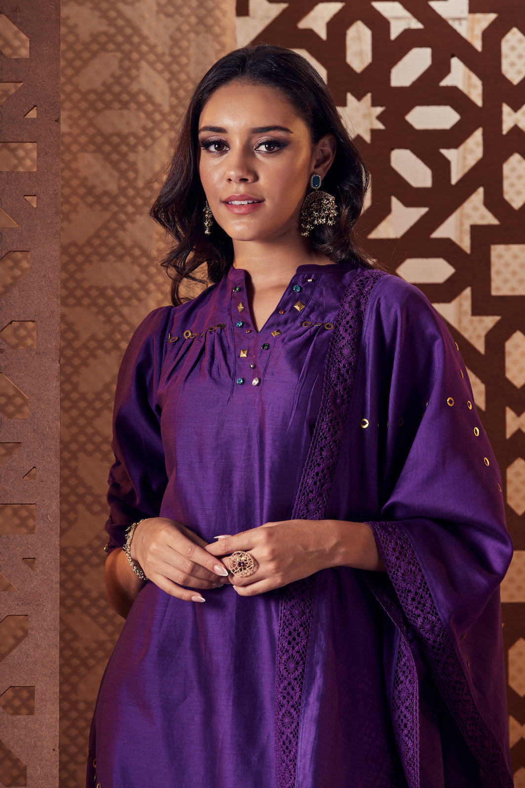Chanderi A-Line Kurta - Set of 3 at Kamakhyaa by Charkhee. This item is Chanderi, Cotton, Embroidered, Ethnic Wear, Indian Wear, Kurta Palazzo Sets, Naayaab, Natural, Nayaab, Purple, Relaxed Fit, Wedding Gifts, Womenswear