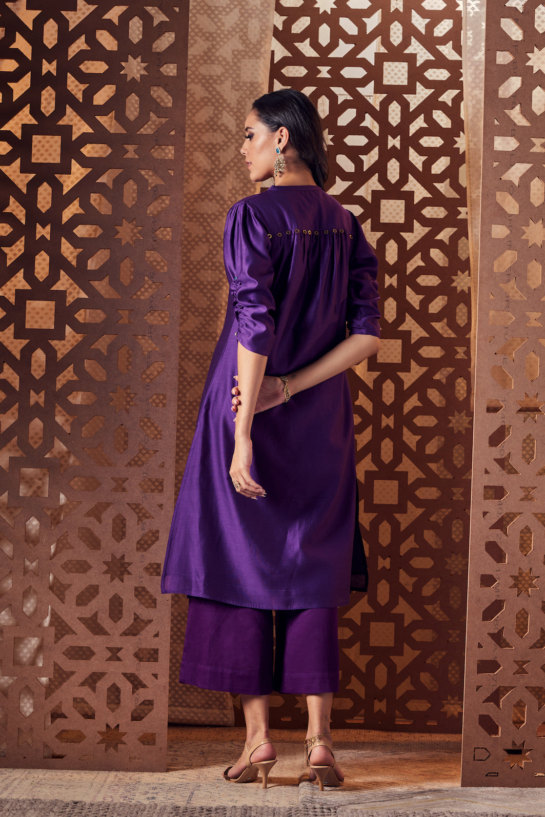 Chanderi A-Line Kurta - Set of 3 at Kamakhyaa by Charkhee. This item is Chanderi, Cotton, Embroidered, Ethnic Wear, Indian Wear, Kurta Palazzo Sets, Naayaab, Natural, Nayaab, Purple, Relaxed Fit, Wedding Gifts, Womenswear