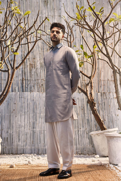 Chanderi Pathani with Salwar - Set of 2 - Grey at Kamakhyaa by Charkhee. This item is Chanderi, Cotton, Cotton Satin, Festive Wear, Grey, Kurta Salwar Sets, Mens Co-ords, Menswear, Natural, Regular Fit, Shores 23, Solids