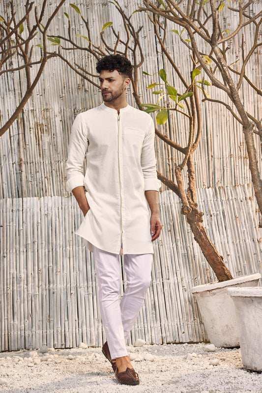 Cotton Placket Kurta with Pant - Set of 2 at Kamakhyaa by Charkhee. This item is Cotton, Dobby Cotton, Festive Wear, For Him, Kurta Pant Sets, Mens Co-ords, Menswear, Natural, Off-white, Poplin, Regular Fit, Shores 23, Textured, Wedding Gifts