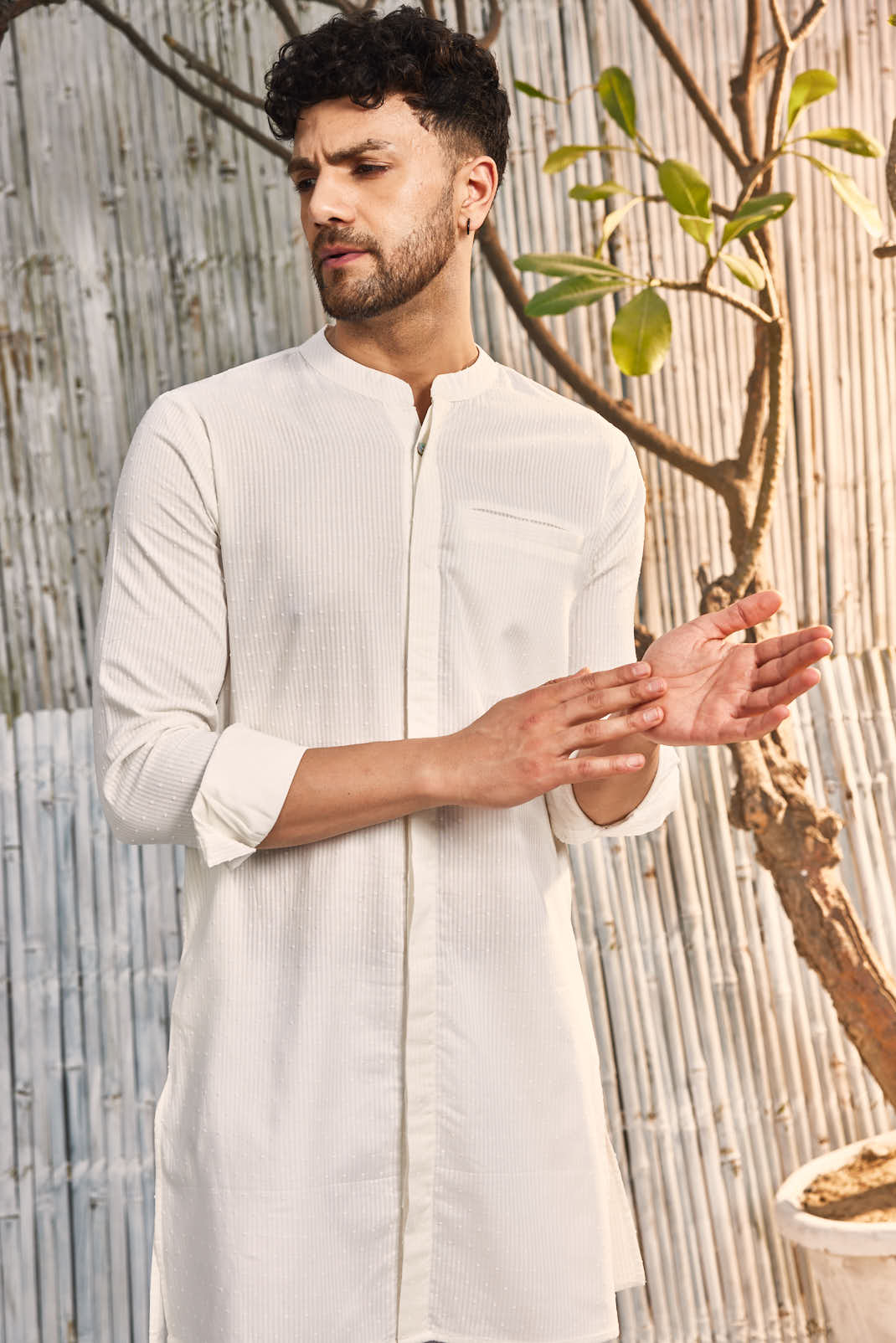 Cotton Placket Kurta with Pant - Set of 2 at Kamakhyaa by Charkhee. This item is Cotton, Dobby Cotton, Festive Wear, For Him, Kurta Pant Sets, Mens Co-ords, Menswear, Natural, Off-white, Poplin, Regular Fit, Shores 23, Textured, Wedding Gifts
